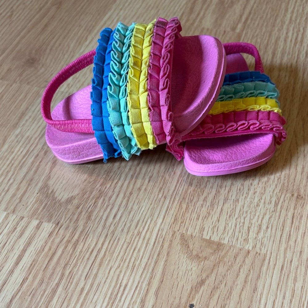 Kids Pink Rainbow Ruffle Slide Sandals